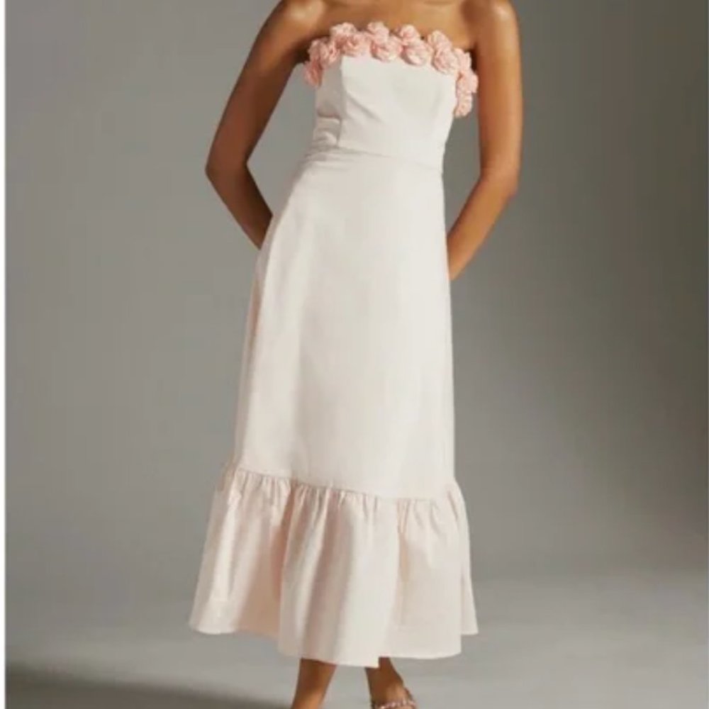 Hutch strapless pink midi dress with roses and ruffle hem